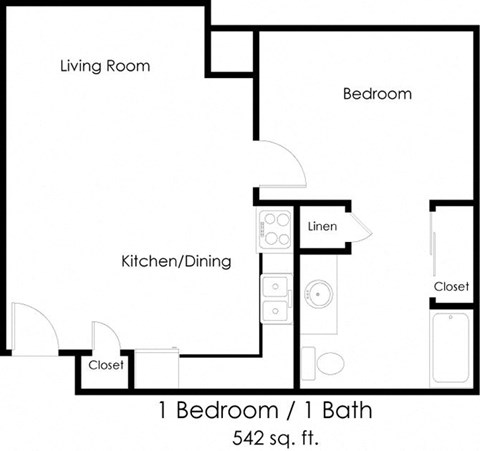Floor plan for 1 bed, 1 bath, 542 sqft